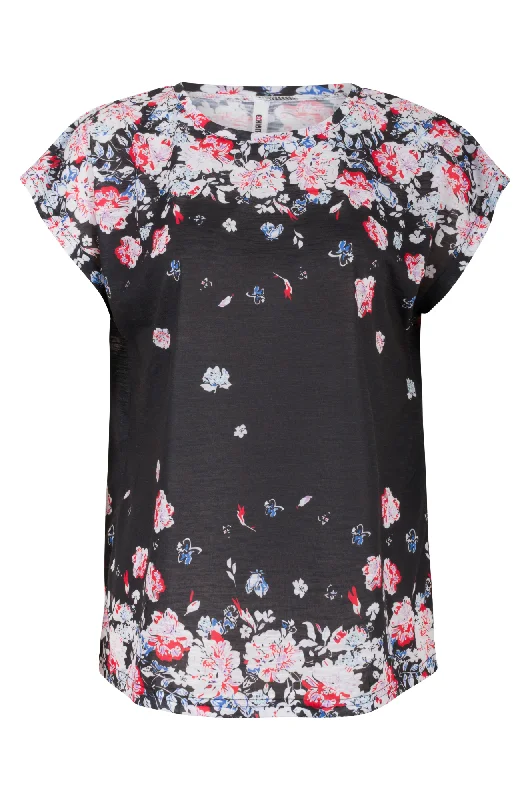 Tunic-style women's topsPlacement print Top | Blk Floral Pink Border | 3911AR