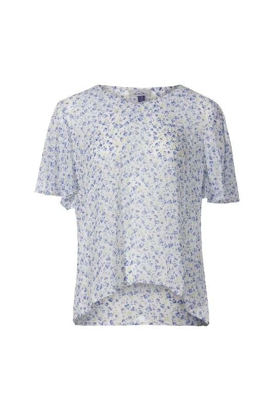 Machine-washable women's topsFlutter Sleeve Printed Chiffon Top | Blues White Ditsy | 7121AR