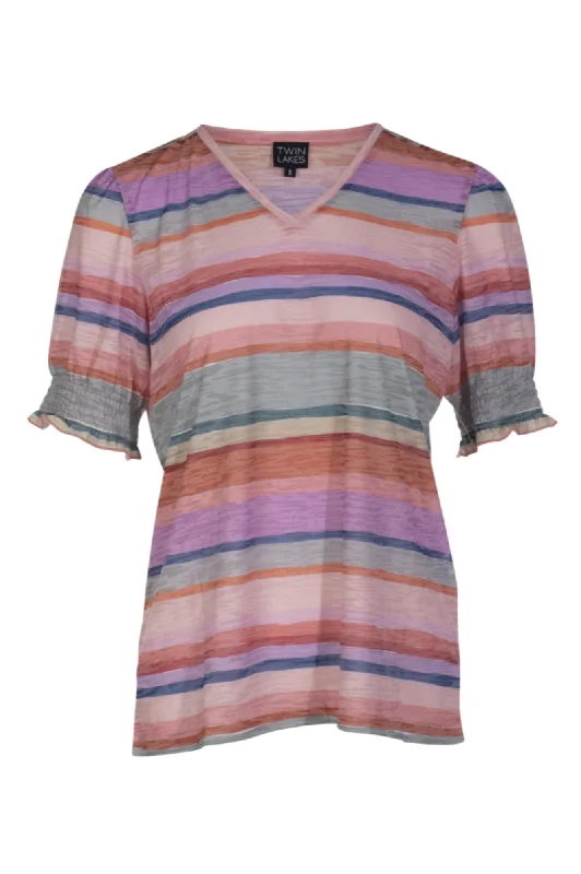 Designer women's topsV neck Burnout Top | Sage Pink Stripe | 6065AR