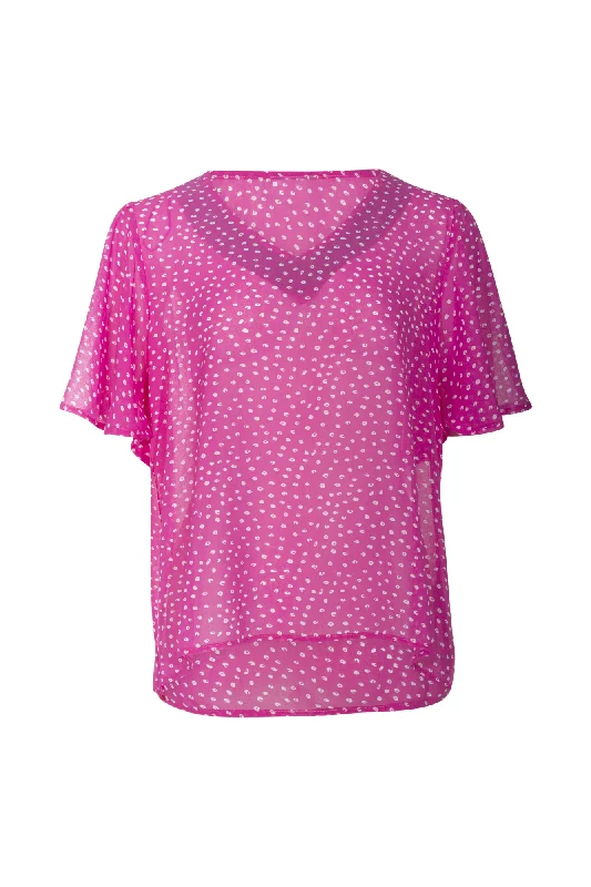 Stretchy women's topsFlutter Sleeve Printed Chiffon Top | Cerise White Spot | 7121AR