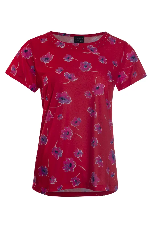 Scoop neck women's topsColourful Top with Diamante detail | Red Pink Poppy | 6151AR