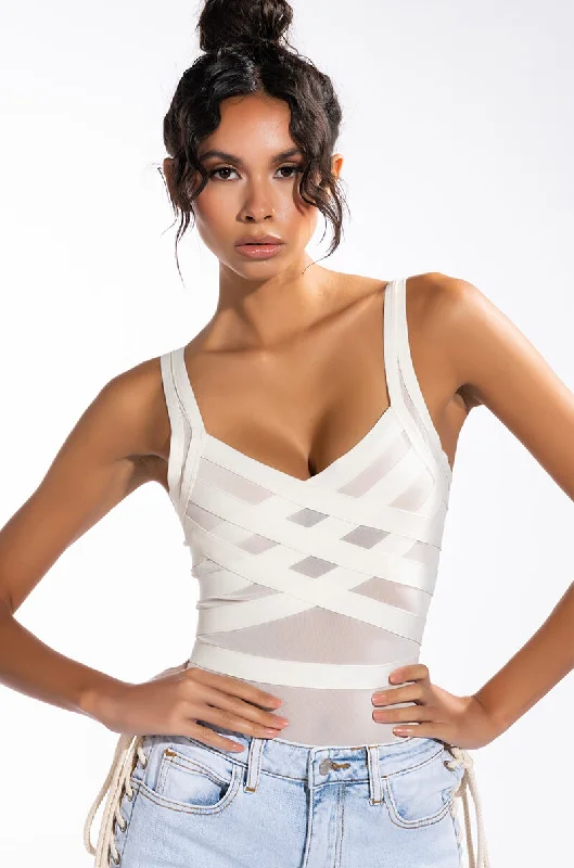 Leather-look women's topsBANDAGE MESH SLEEVELESS BODYSUIT