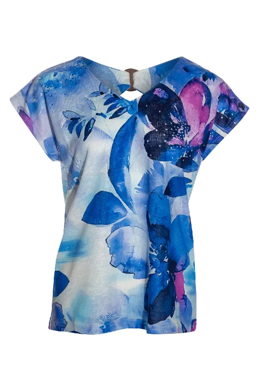 Black women's topsBack buckel detail on printed Top | Indigo Lilac Bloom | 6793AR