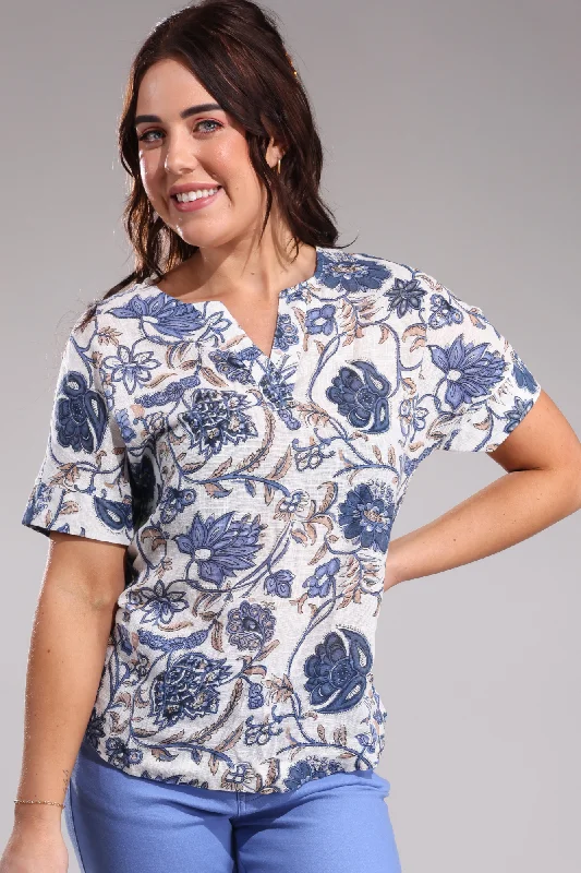 Transitional women's tops100% Printed Cotton Tunic | Indigo Sand Vines | 6271A1