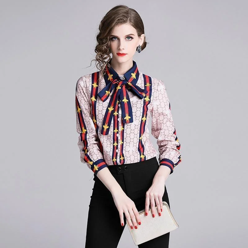 White women's topsElegant Silk Blouse Pink Bow Tie Women Shirt