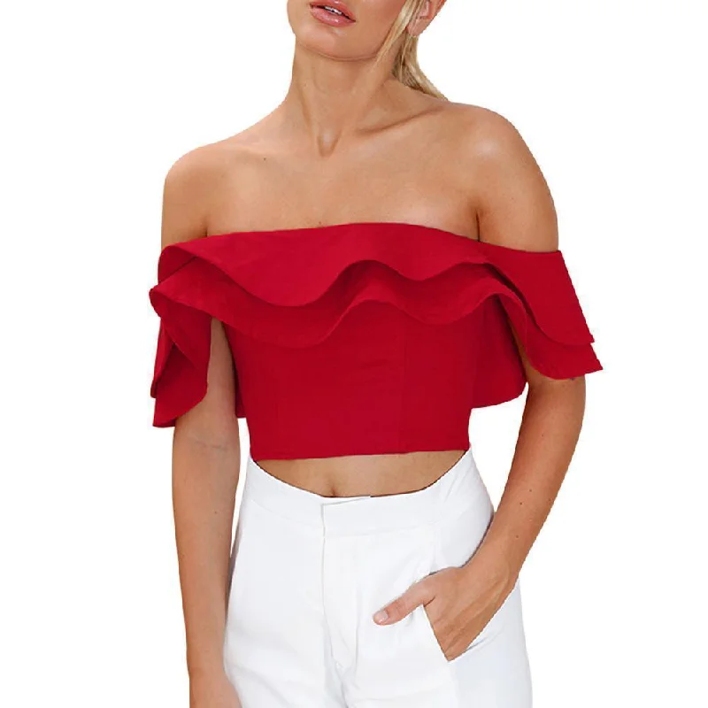 Party women's topsLadies Sexy  Blouse Ruffle Off Shoulder Blouse Tops