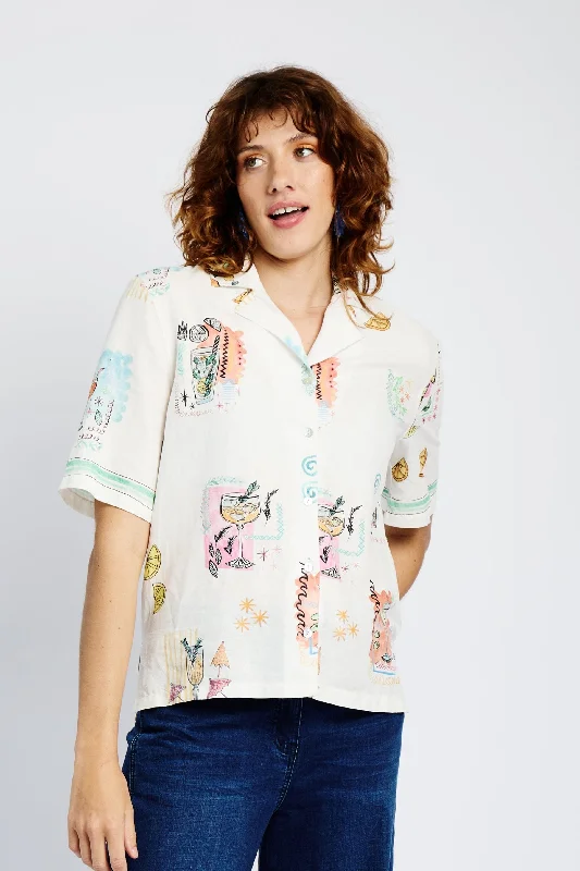 High-low hem women's topsRevere Collar Linen Shirt with Cocktail Print