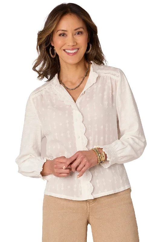 Embroidered women's topsScallop Edge Button Down Shirt