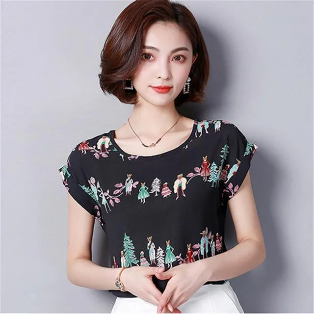 Navy blue women's topsSleeveless Chiffon Blouse Printed Women Top