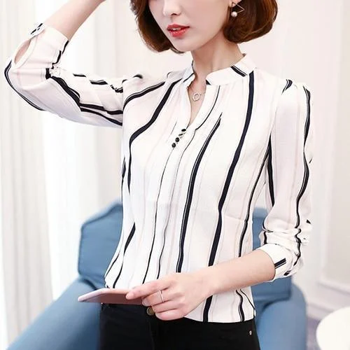 Animal print women's topsStriped Chiffon Blouse Women Tops V-Neck Blouse