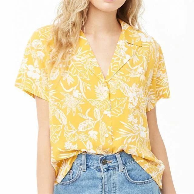 Asymmetric women's topsWomen Blouse Floral Short Sleeves Summer Blouse Yellow