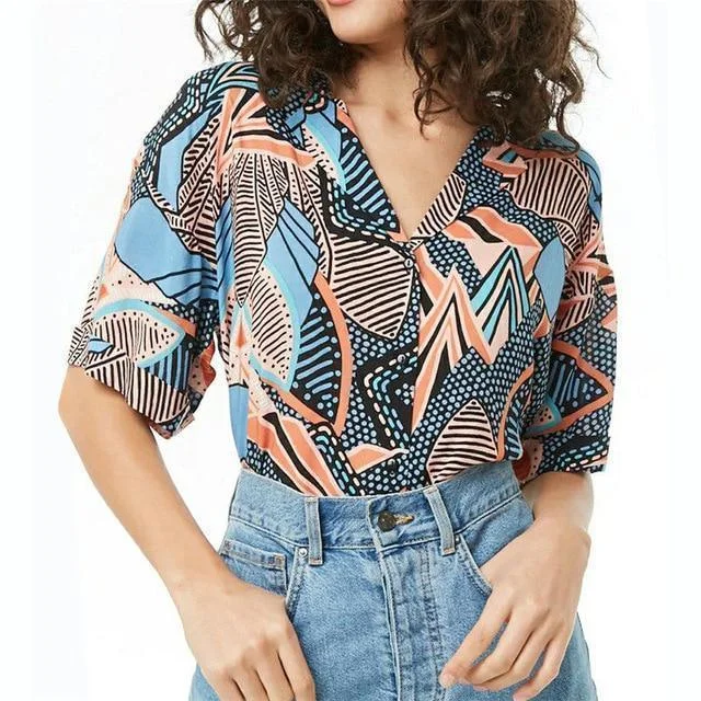 Leather-look women's topsWomen Blouse Short Sleeves Summer Blouse