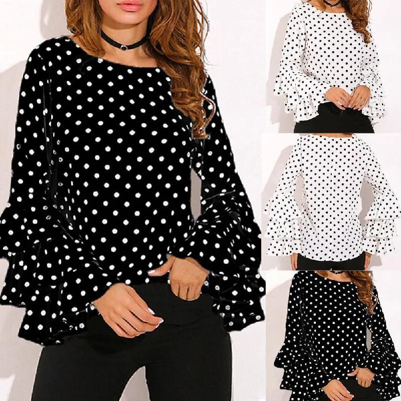 One-shoulder women's topsWomen Blouses Polka Dot Bell Sleeve Blouses