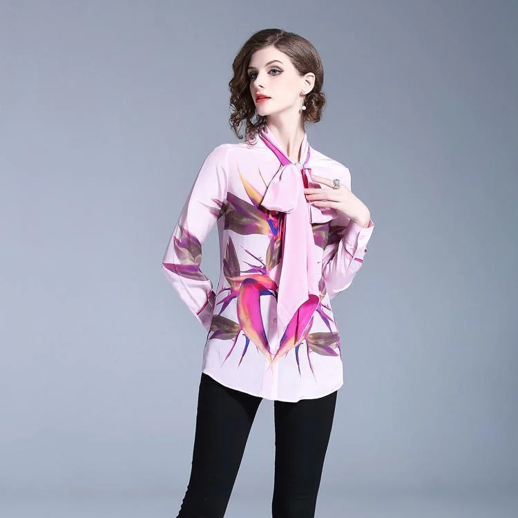 Maternity women's topsWomen Chiffon Blouse Pink Bow Tie Blouse